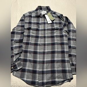 GoodFellow & Co. standard fit flannel shirt in grey, navy, and burgundy accents